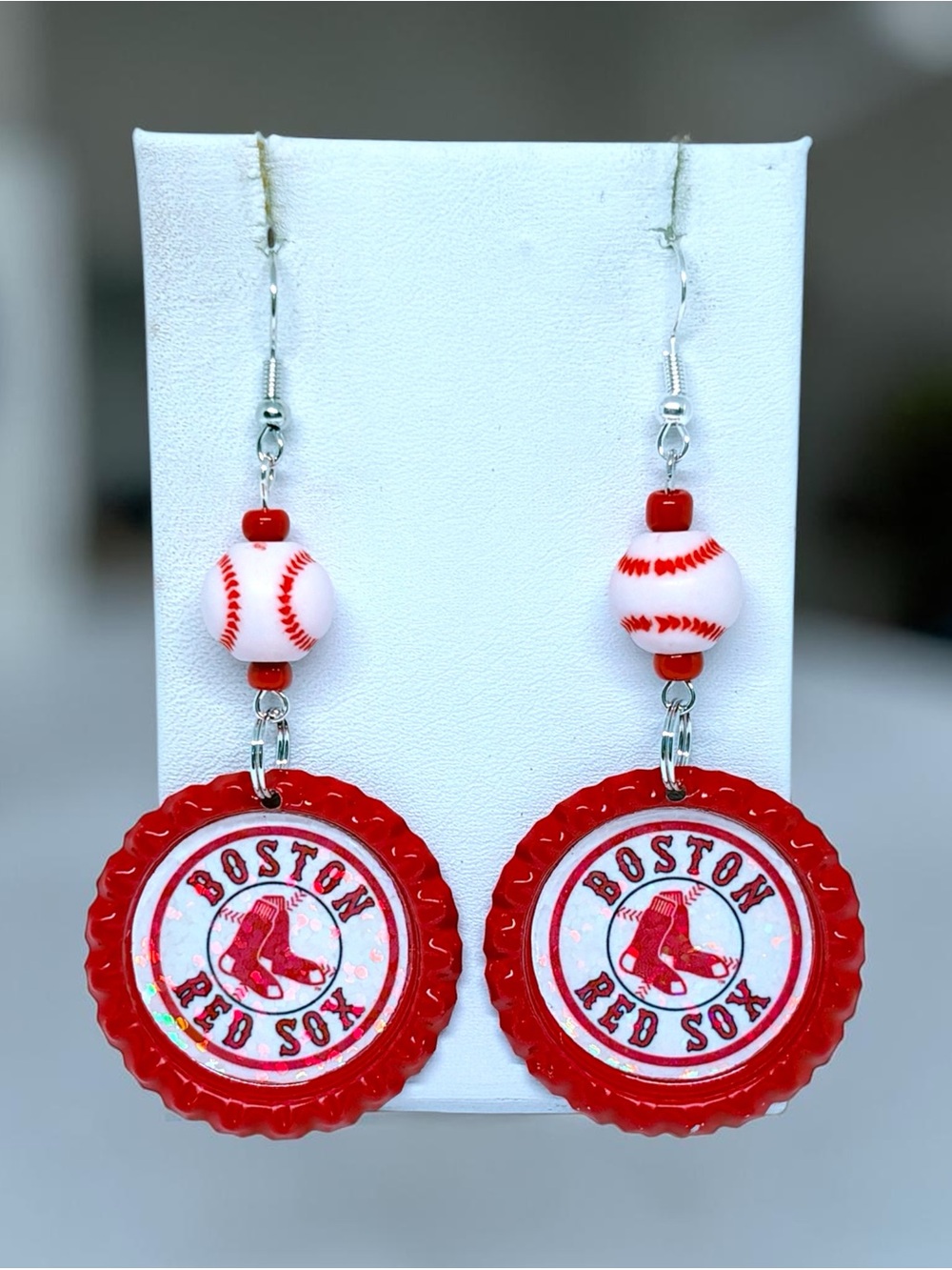 Boston Red Sox Inspired Baseball Bottle Cap Dangle Earrings - Red & White